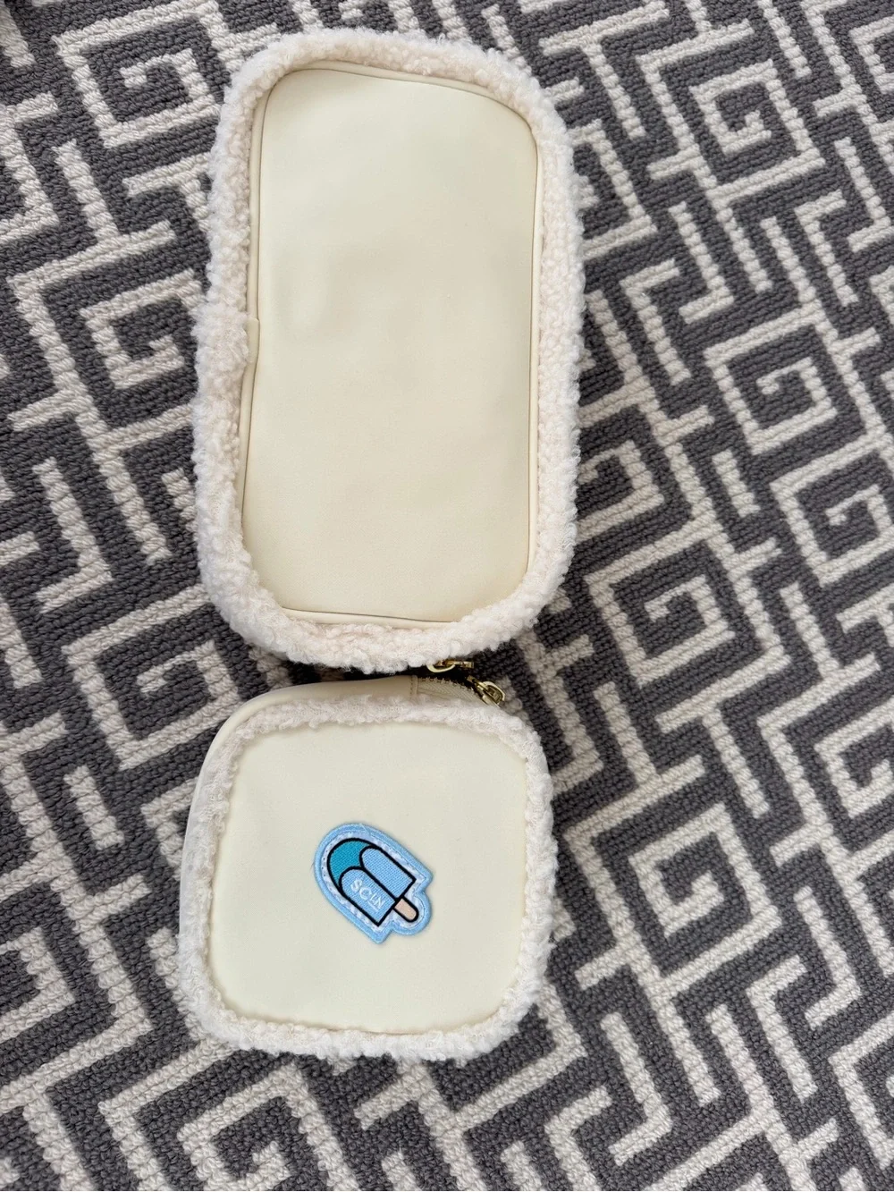 Stoney Clover Cream Sherpa-Trim Double Pouch with Blue Logo Patch